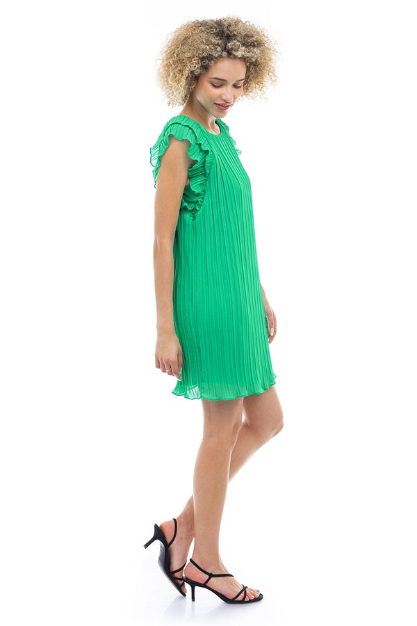 Flutter Sleeve Pleated Dress I Green