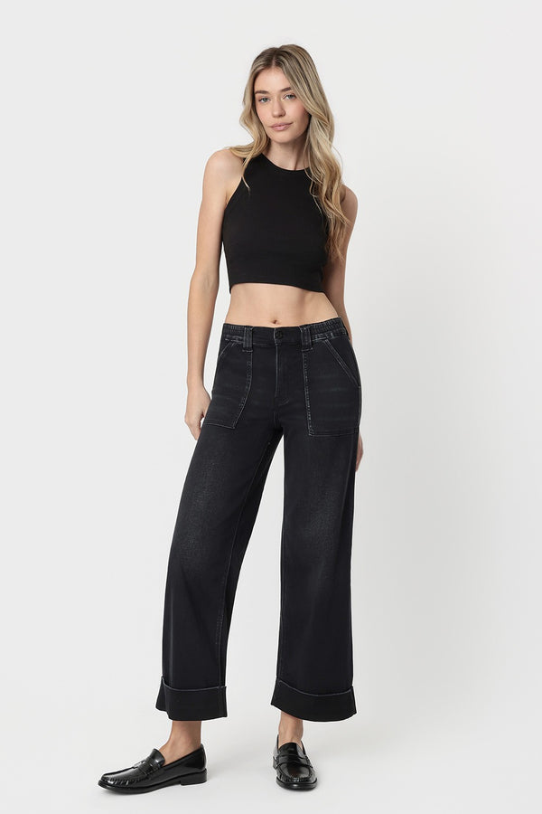 Deb Double Cuffed Baggy Wide Jeans I Washed Black