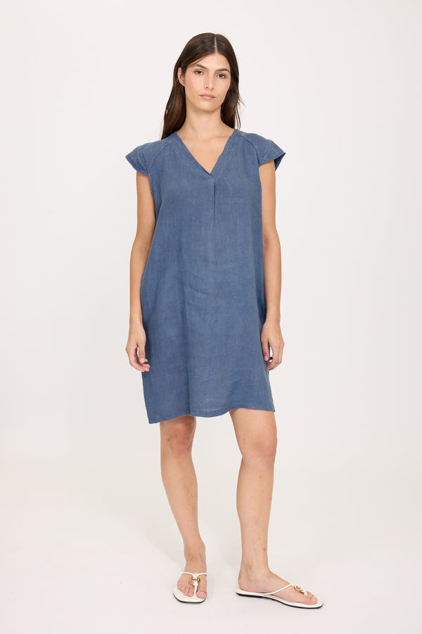 Crissy Cap sleeve Linen Dress I Capri Blue