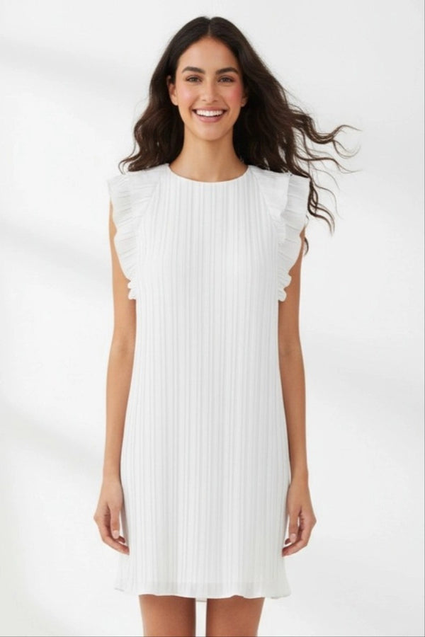 Flutter Sleeve Pleated Dress I White