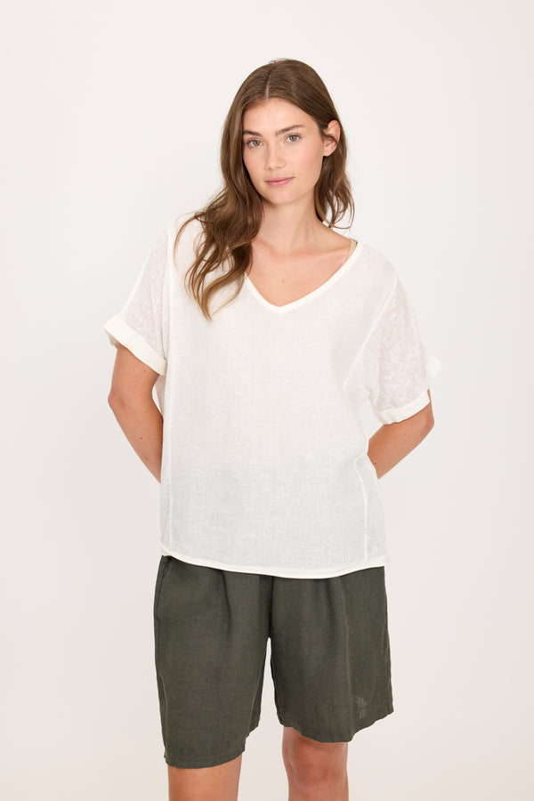 Vicky V Neck Linen and Knitted Top I White