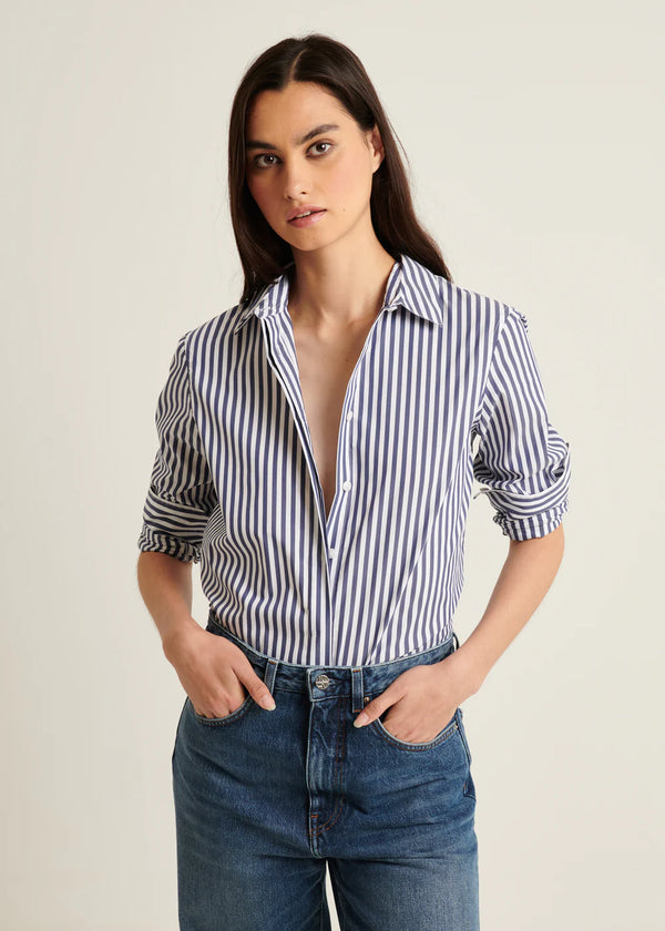 Cotton Stretch Striped Shirt I Navy
