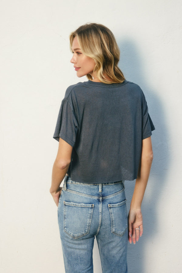 Cropped Raw Hem Tee I Blue Grey