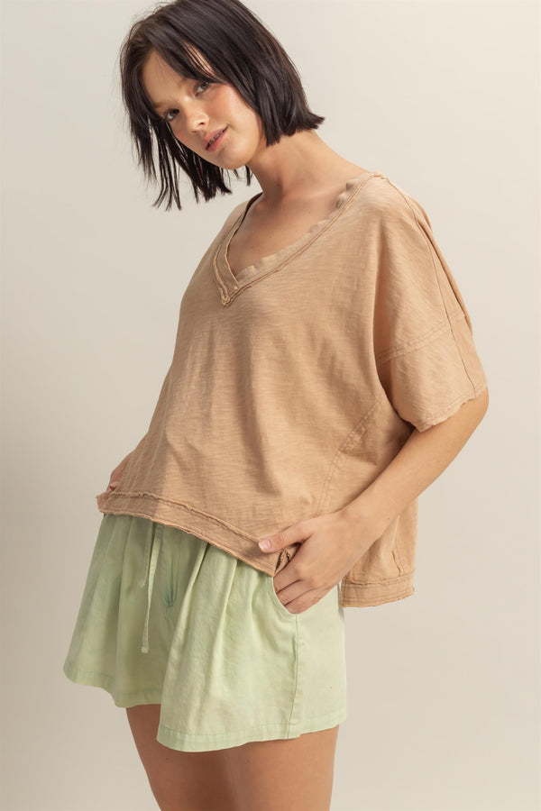 Raw Edge V-neck Tee I Dark Taupe