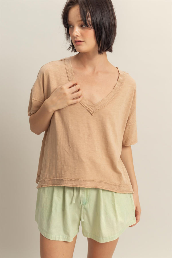 Raw Edge V-neck Tee I Dark Taupe