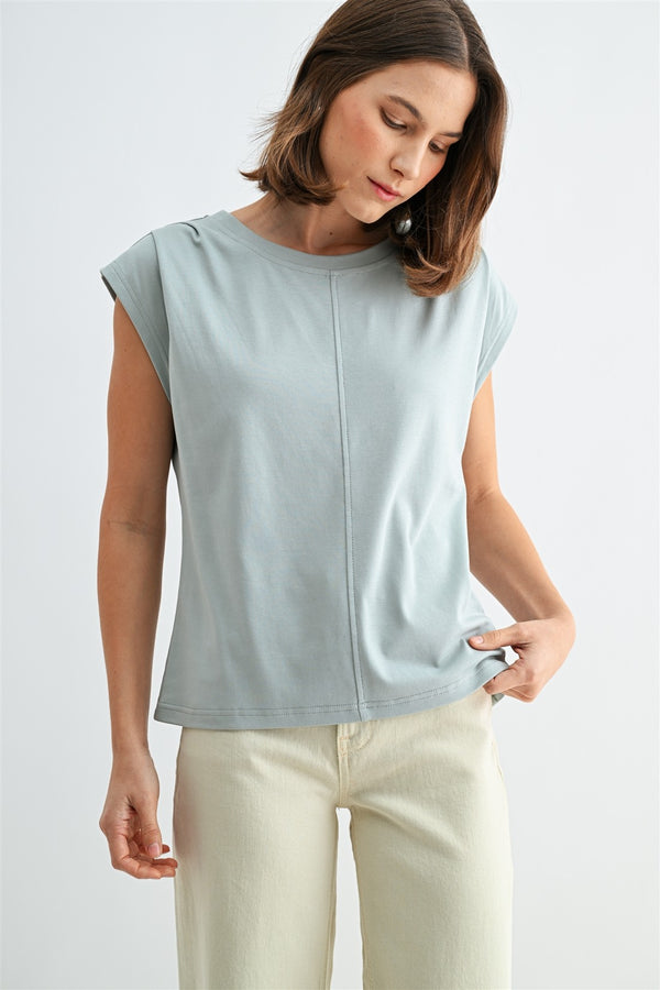Pleated Shoulder Tee I Sage Green